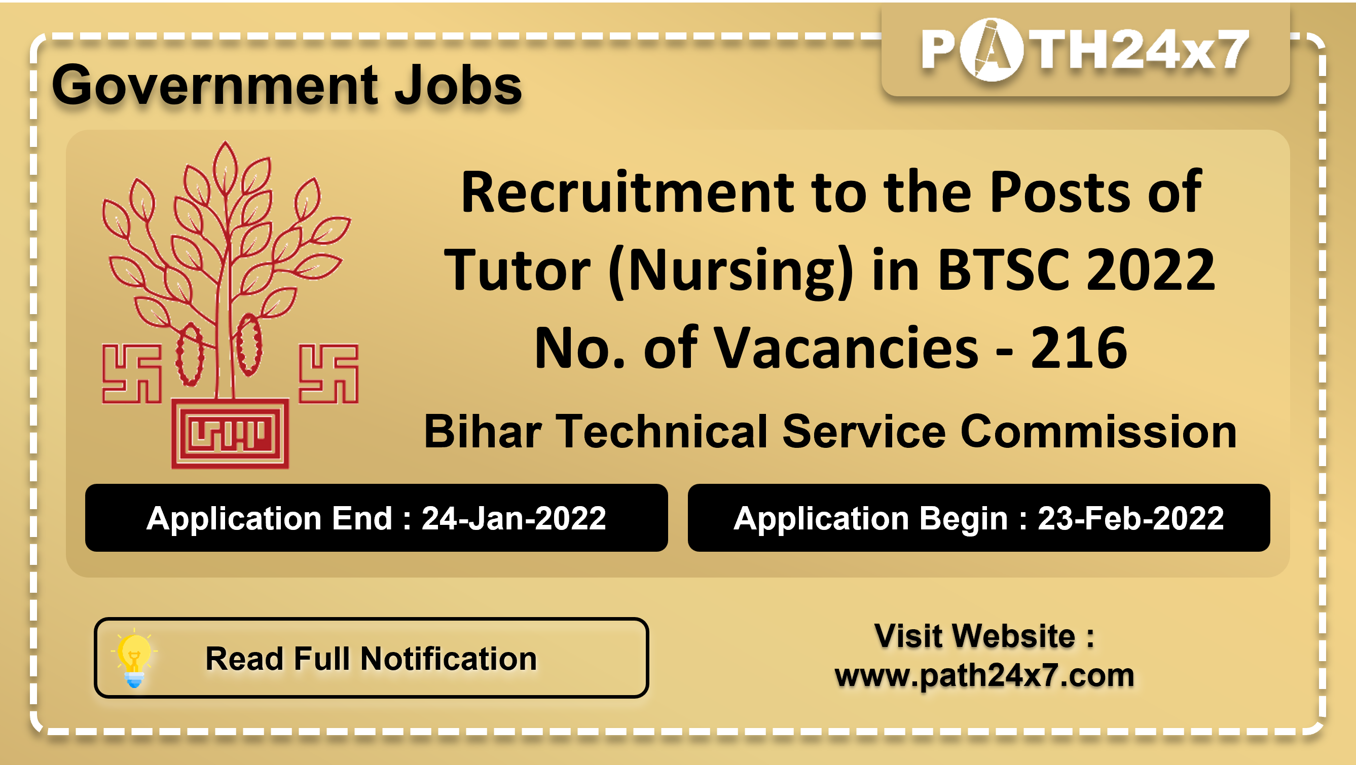 Recruitment to the Posts of Tutor (Nursing) in BTSC 2022, No. of Vacancies - 216, Important Dates, Application Fees, Age Limit, Educational Criteria, Physical Criteria, Vacancy Details, How to Apply By Online | Bihar Technical Service Commission